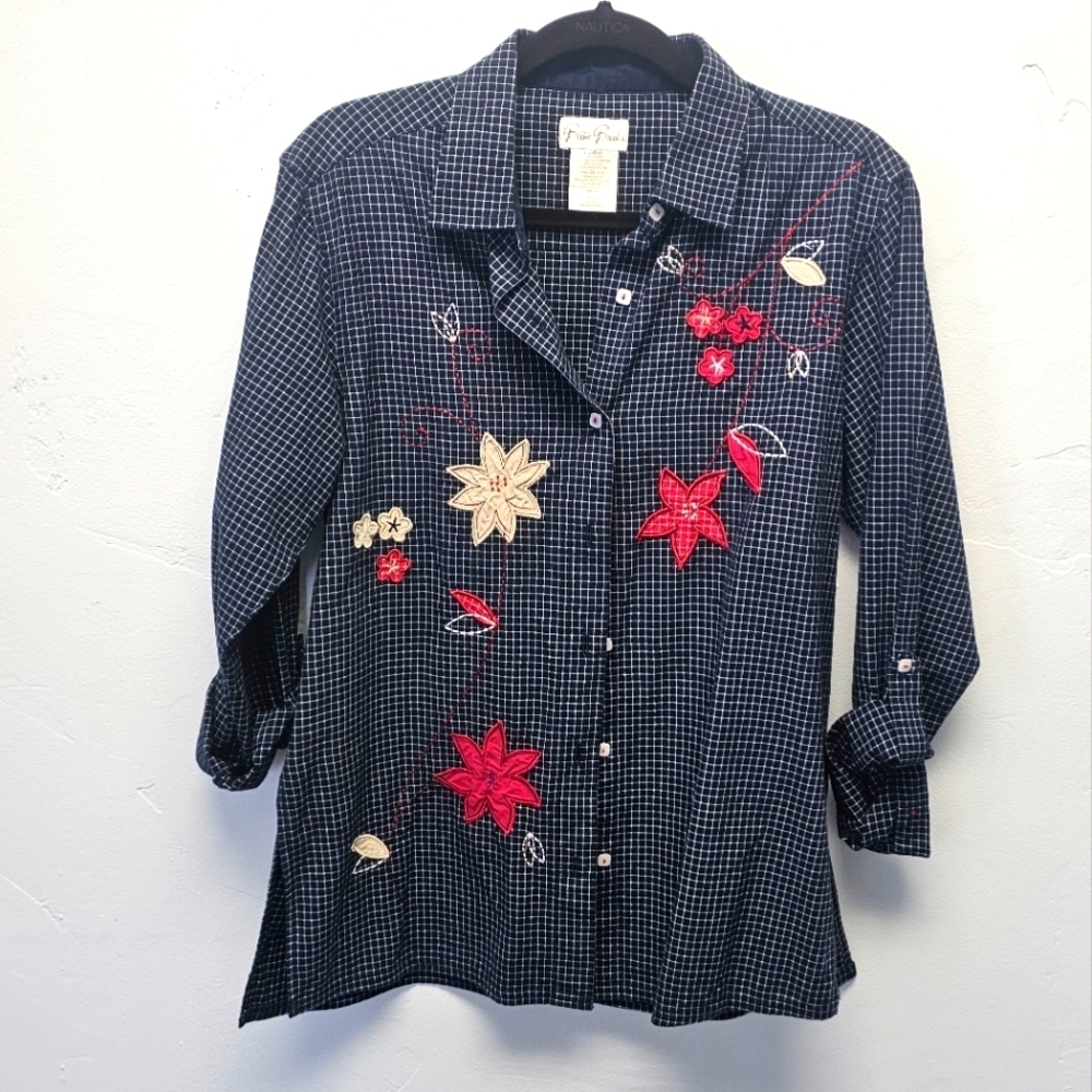 Bobbie Brooks Embroidered Floral Patchwork Button Down Women's Shirt Size S